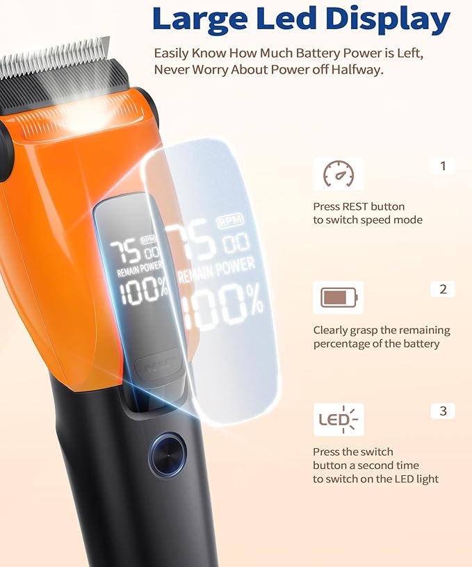 Dog & Cat Grooming Kit for Thick Coats, Heavy Duty Rechargeable Trimmer with LED Display & Storage Bag (Orange, 2 in 1)