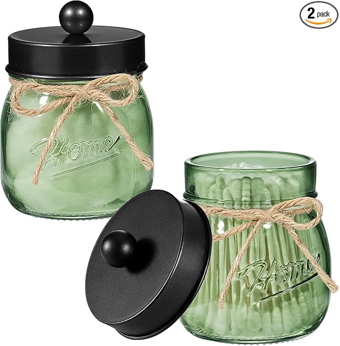 SheeChung Green Glass Qtip Holder Dispenser, Mason Jar Apothecary Jars with Lids, Bathroom Organizers and Storage, Vanity Countertop Canisters Set for Cotton Swab, Ball, Pad, Floss Pick-Black, 2 Pack