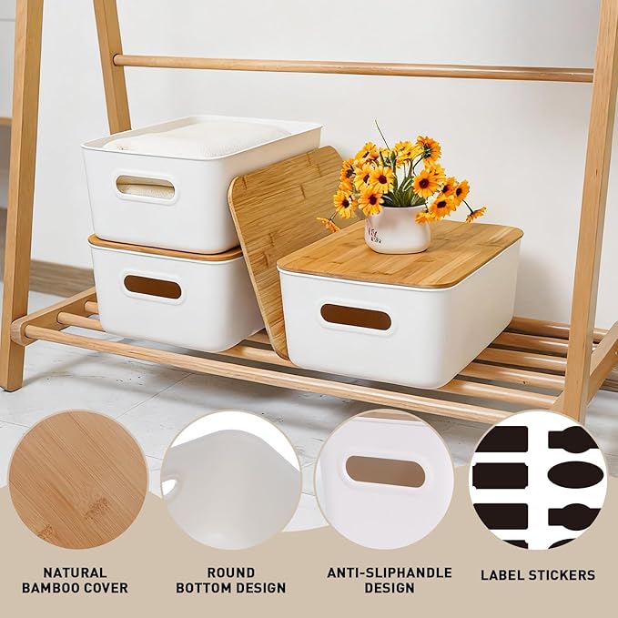 Citylife Storage Bins with Bamboo Lids 13QT Plastic Storage Containers Stackable Organizer Boxes with Handle for Desk Snacks, Toys, 4 PCS, 14" L x 10.6" W x 6.18" H
