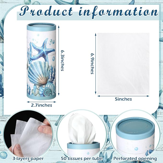 12 Pack Summer Ocean Car Tissue Cylinder Holder Bulk with 3 Ply Facial Tissues Starfish Round Napkin Holders for Cup Holder Cylinder Colorful Travel Paper Tubes Bulk Napkin Boxes Packs