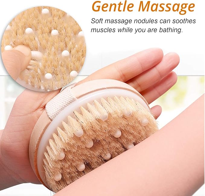 Dry Brushing Body Brush, Best for Exfoliating Dry Skin, Lymphatic Drainage and Cellulite Treatment, Organic Spa Massage Scrub Brush with Soft Boar Bristles, Great Gift for A Glowing Skin