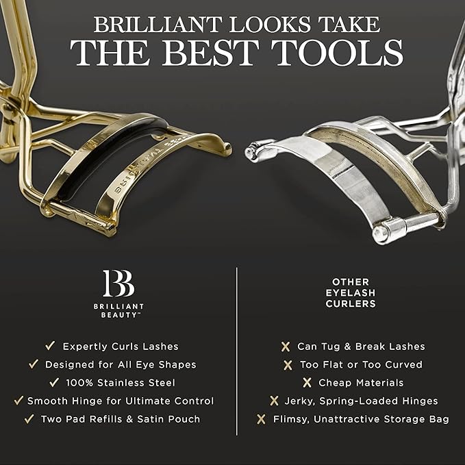 Eyelash Curler with Satin Bag & Refill Pads - Award Winning - No Pinching, Just Dramatically Curled Eyelashes for a Lash Lift in Seconds (Gold)