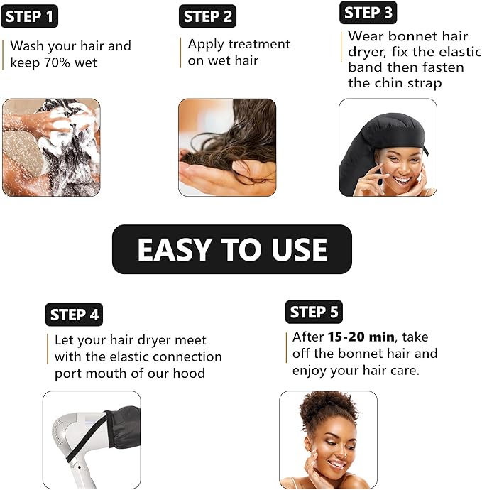 Large Hooded Hair Dryer Bonnet Attachment w/Integrated Headband - Reduces Heat Exposure Around Ears & Neck - Enhanced Size for Use with Rollers, Speeds Up Drying Time, Deep Conditioning at Home