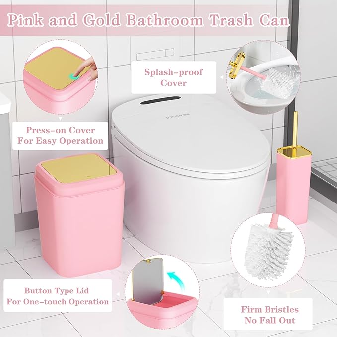 Bathroom Accessories Set - Luxury Pink Bathroom Set, 9 Pieces Bathroom Accessory Set, Pink Bathroom Accessories with Trash Can, Toilet Brush & Soap Dispenser
