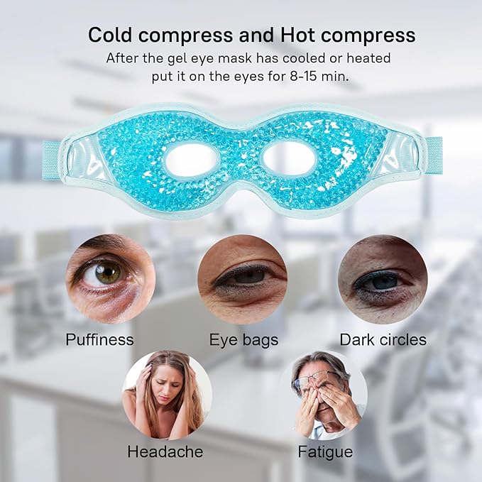Cooling Gel Eye Mask, 2 PCS Reusable Eye Bead Pad & Cool Compress for Puffy Dry Eye, Cold Eye Ice Mask Gel Pack with Plush Backing for Migraine & Stress Relief, Blue