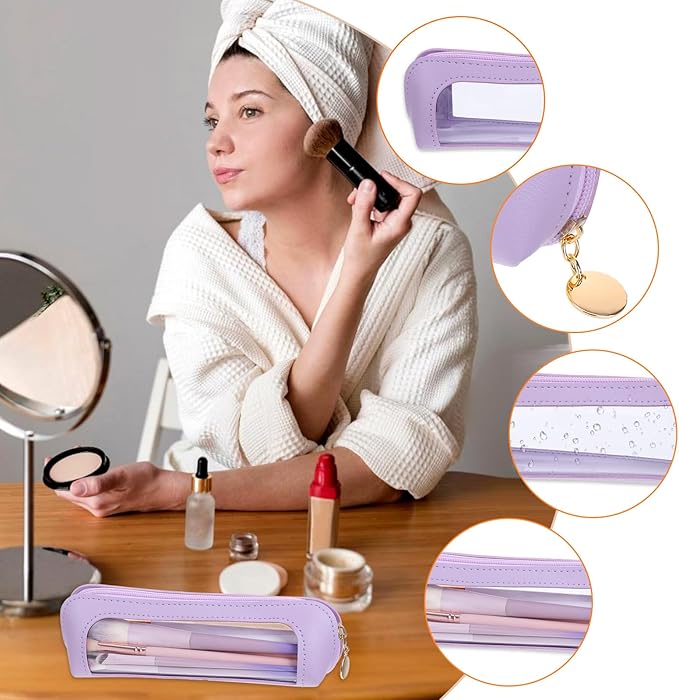Clear Makeup Brush Bag, PU Leather Small Makeup Pouch Portable Travel Mini Cosmetic Bag Transparent Waterproof Organizer Pouch with Zipper for Women Home Travel Office Cosmetic Storage (Purple)
