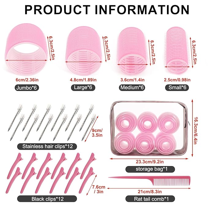 4 Sizes Hair Rollers for Women Set - 50 Pcs Hair Curler Rollers with Clips, Self Grip Hair Rollers for Long, Short Hair and Bangs, 25mm, 36mm, 48mm, 60mm, Pink