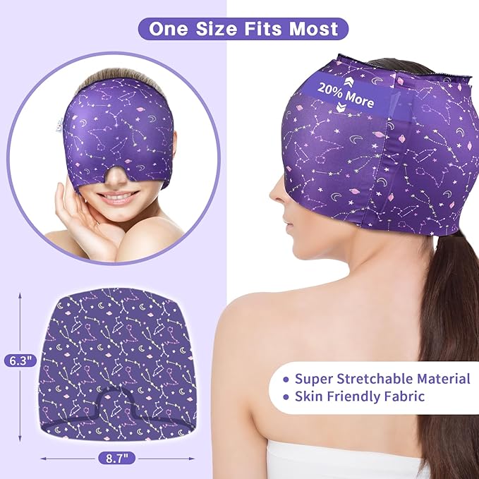 Migraine Relief Cap, Gel Cooling 2 Pack Set, Headache Relief with Hot/Cold Ice Cap, Instant Headache Relief, Reusable Ice Pack for Stress Sinus Relief Migraine Mask Gift for Women Man