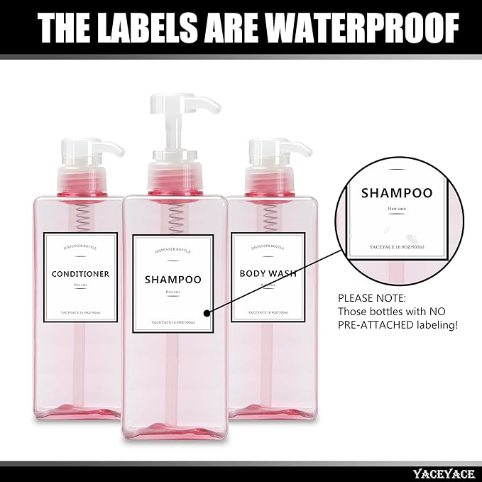 Pink Shampoo and Conditioner Set of 3, 16.9oz Clear Shampoo Bottles with Pump Dispenser, Body Wash Dispenser, Shower Bottles