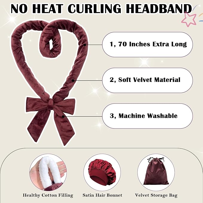 ZILAMPU Hair Curler, 70' Soft No Heat Curling Headband Wrap for Overnight Curls, Women Long Wave Curl Hair Rollers - Reddish Brown, 9 PCS Curling Rods Gifts Set