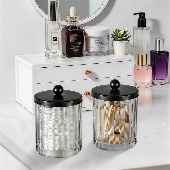 Amolliar Qtip Holder Dispenser for Cotton Swabs, Cotton Balls, Pads, Floss Picks, Clear Glass Canister Apothecary Jar, Bathroom Essential Accessories Decor, Bathroom Storage Organizer (Black, 4 Pack)