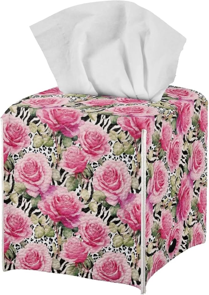 Rose Leopard Decorative Tissue Box Cover, Waterproof PU Leather Square Holder with Metal Button, Protective Napkin Case for Bathroom Countertop, Office Desk, and Car Interior