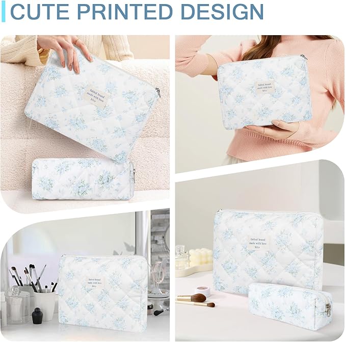 2PC Makeup Bag Set, Cute Cosmetic Bag for Women Girls, Floral Coquette Aesthetic Toiletry Bag, Travel Make Up Organizer Bag (Blue Rose)