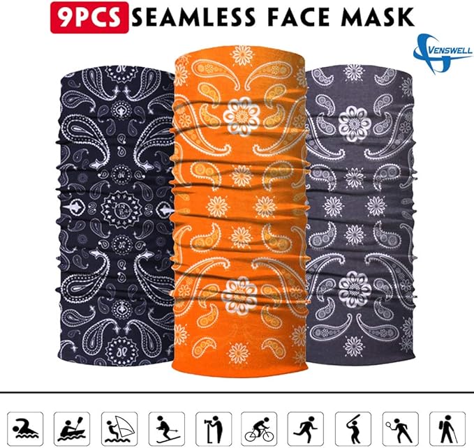 Venswell Neck Gaiter Face Mask Men Women,Seamless Bandana Rave Face Cover Scarf Mask,Balaclava,Headband, Head Wrap,Headwear