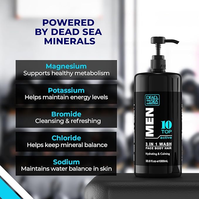 Dead Sea Collection Mens Body Wash TOP 10 ACTIVE – 3 in 1 Body Wash for Men for Hair, Face & Body – Moisturizing Shower Gel with Dead Sea Minerals – Pack of 2 (33.8 fl oz each)