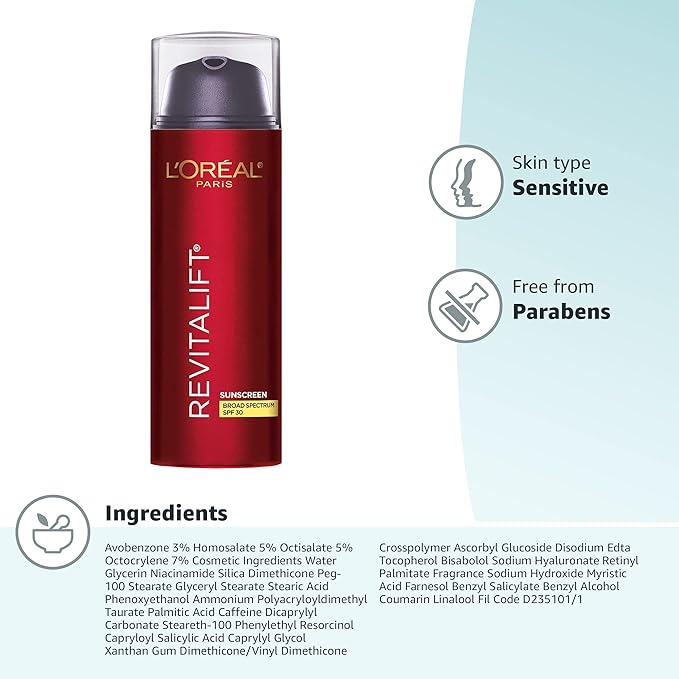 L'Oreal Paris Revitalift Triple Power Anti-Aging Broad Spectrum SPF 30 Sunscreen,Pro Retinol,Hyaluronic Acid & Vitamin C Lotion,Reduces Wrinkles 1.7 Oz,(Pack of 2)