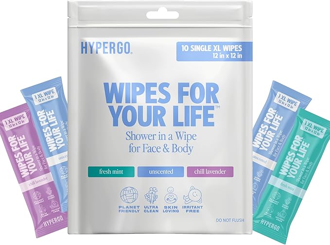 HyperGo XL Single Body Wipes for Women & Men – 12" x12" Rinse-Free Full Body Cleansing 10 Count Pack - Variety | Biodegradable, Hypoallergenic, Aloe-Infused | Gym, Festival, Camping Essentials