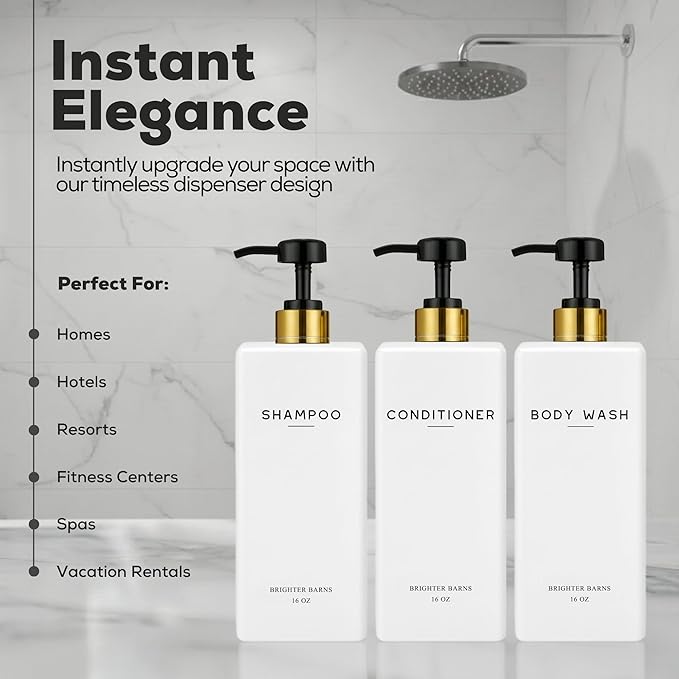 White Shampoo and Conditioner Dispenser Set by Brighter Barns - Refillable Shampoo and Conditioner Bottles - Reusable Shower Soap Dispenser in Hotel, Gold Bathroom, Guest House, Modern Airbnb (White)