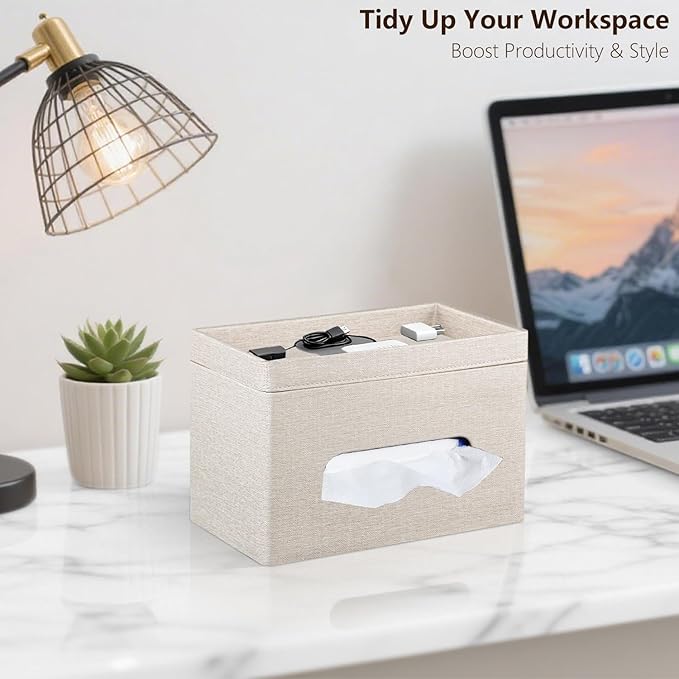 Fanousy Large Tissue Box Cover Rectangle with Tray on Top, PU Leather Facial Tissue Holder with Storage, Fits 230-Count Family Size Kleenex, Modern Nightstand Organizer for Bathroom Office Home Decor