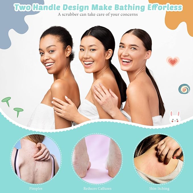 3 Pack Exfoliating Back Scrubber with Handles Exfoliating Washcloth Nylon Extended Length Body Exfoliator Brush Stretchable Pull Strap Back Washer for Shower Long Bath (Pink, Blue, Yellow)
