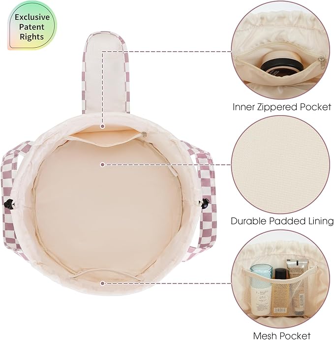 Narwey Barrel Drawstring Checkered Makeup Bag Large Cosmetic Bag Make up Bags Toiletry Bag Travel Bags for Toiletries Organizer for Women Gift for Teen Girls (Dusty Pink Checkerboard) (Patent)