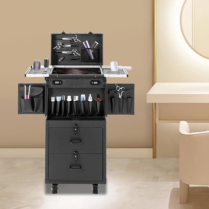 Makeup Train Case, Beauty Salon Luggage, Rolling Lockable Makeup Train Case Hairdressing Trolley Stylist Beauty Salon Cosmetic Luggage Travel Organizer Tool Box with Hair Dryer Holde