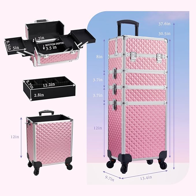 Stagiant Rolling Makeup Train Case Cosmetology Case on Wheels 4 in 1 Large Cosmetic Organizer Box Makeup Travel Case with Key Swivel Wheels Nail Artist Salon Storage Traveling Cart Big Trunk Pink