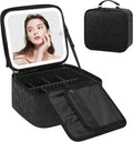 Relavel Travel Makeup Bag With LED Mirror for Women, Cosmetic Organizer Bag with Adjustable Brightness in 3 Color Scenarios, Detachable Dividers, Waterproof Train Case for Daily - Black Strip