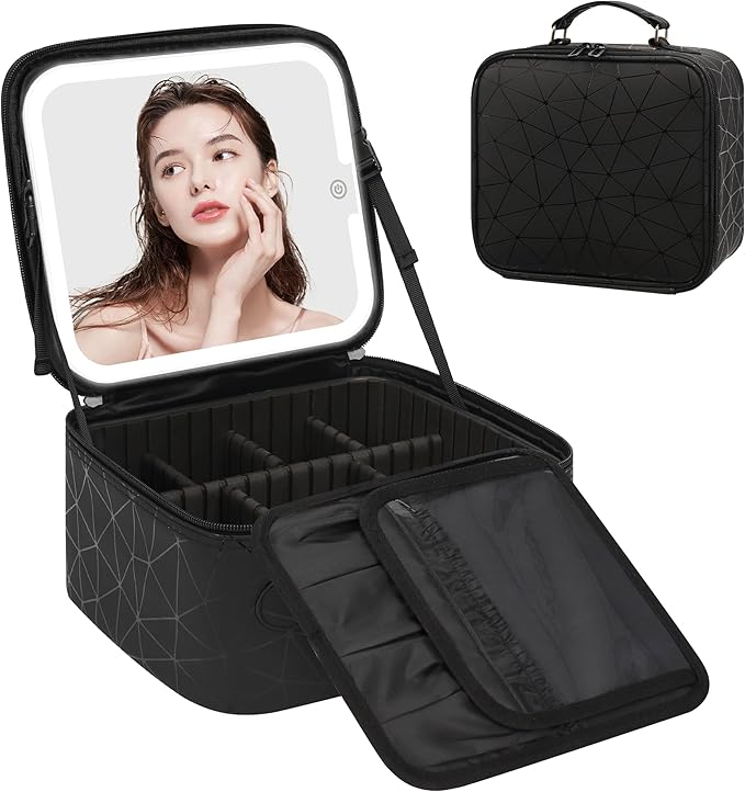 Relavel Travel Makeup Bag With LED Mirror for Women, Cosmetic Organizer Bag with Adjustable Brightness in 3 Color Scenarios, Detachable Dividers, Waterproof Train Case for Daily - Black Strip
