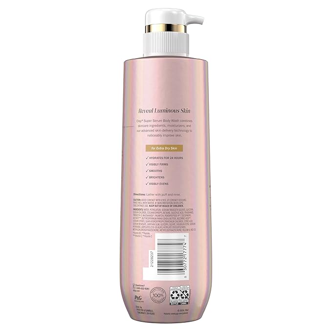 Olay Super Serum Body Wash for Extra Dry Skin, 24hr Long Lasting Hydration, 5+ Ingredient Complex for Bright Even Firm Luminous Skin, 18.5 Fl Oz