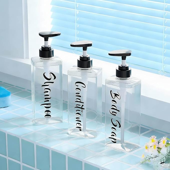 16.9oz Clear Shampoo and Conditioner Dispenser Set of 3, Refillable Empty Shampoo Bottles with Pump for Shower, Printed Plastic Soap Dispenser for Bathroom, Rectangular Body Wash Container Sets