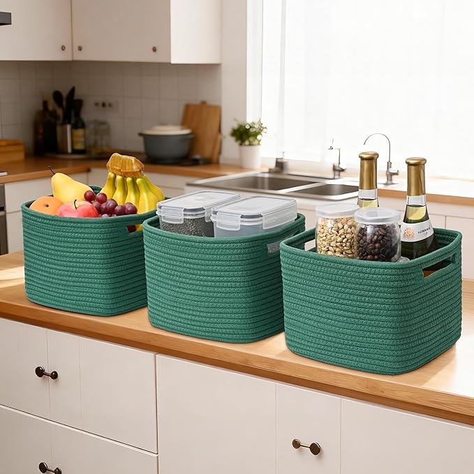 3 Pack Cube Storage Bin, 9”x9”x7” Cotton Rope Woven Baskets for Organizing Toys Clothes Towels, Square Gift Storage Baskets for Shelf, Nursery, Closet, Bathroom, Pantry (Green)