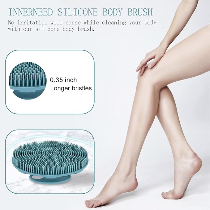 INNERNEED Food-Grade Soft Silicone Body Scrubber Shower Brush Handheld Cleansing Skin Brush, Gentle Exfoliating and Lather Well (Dark Green+Pink)