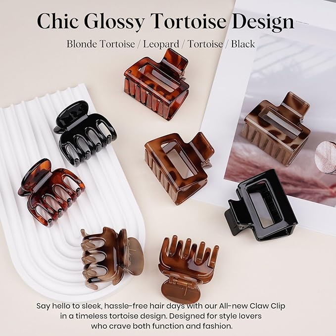 8 PCS Medium Hair Clips for Women Girls - 2 Styles Rectangle Small Claw Clips for Thin Thick Curly Hair, Strong Hold Non-Slip Jaw Clip, Leopard Print Stylish Glossy Hair Accessories, Tortoise