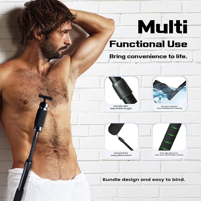 Safety Razor Extension Handle with Adjustable Length for Leg Razor,Back Shaver for Men,Multi-Function Extension Shaver Handle can be Fitted Lotion Applicator,Hair Brush for Wet or Dry - Black