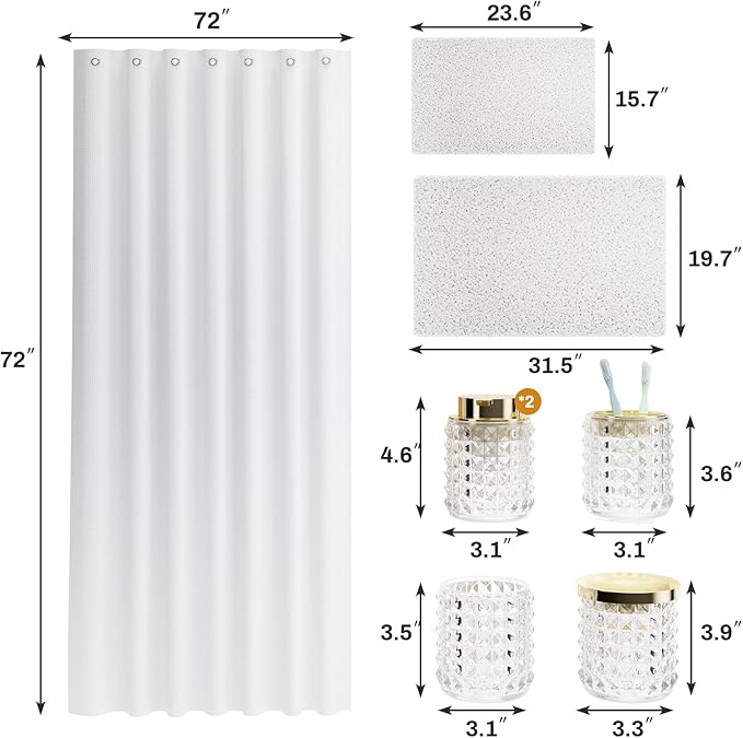 Bathroom Sets with Shower Curtain and Rugs and Accessories, Glass Bathroom Accessories Set Clear Bathroom Set Bathroom Sets, White Bath Mat and Diamond Soap Dispenser for Bathroom Decor