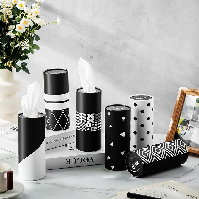 Outus 12 Pcs Geometric Car Tissues Cylinder Holder with 3 Ply Facial Tissue Bulk Black White Round Tissue Holder Travel Tissues Boxes Container for Car Cup Wedding Birthday Party