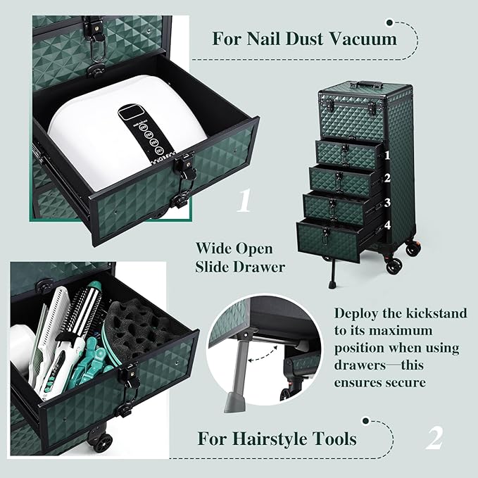 Nail Salon Cart with 4 Drawers,Rolling Makeup Train Case for Beauty,Cosmetology Case on Wheels Trolley Cart,Lockable Organizer Travel Case for Manicure/Face Painting/Hairstylist,DARK GREEN