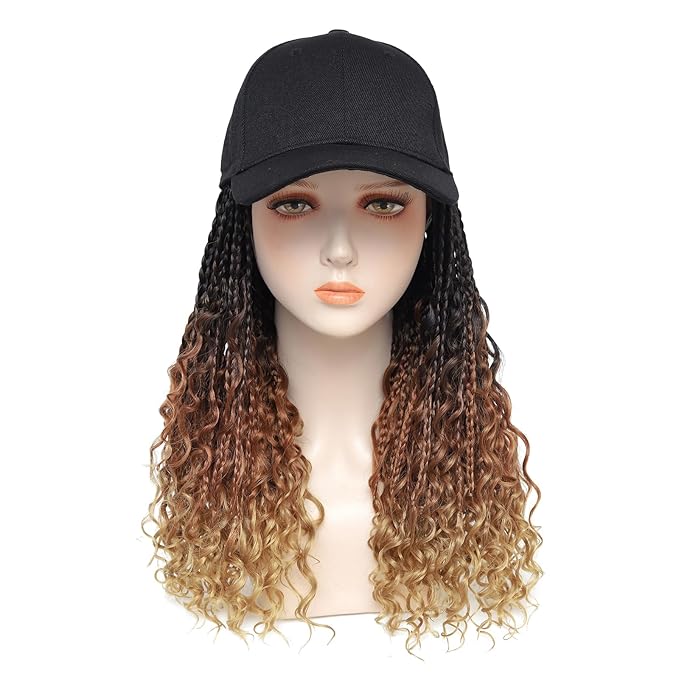 GUOJIAN Goddess Box Braids Baseball Cap Wig Bohemian Curly Ends Box Braiding Hat with Crochet Hair Extensions for Black White Women Synthetic Braids Hat Wig with Hair Attached (16inch, T1B/30/27)
