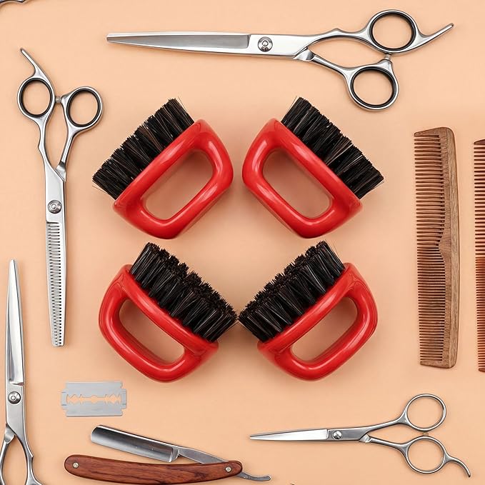 4 Pcs Knuckle Brush for Men Barber Brush, Fade Brushes, Face and Neck Brushes, Mustache and Hair Supplies, Essential Barber Tool for Professional Barbering and Grooming Services(Red)
