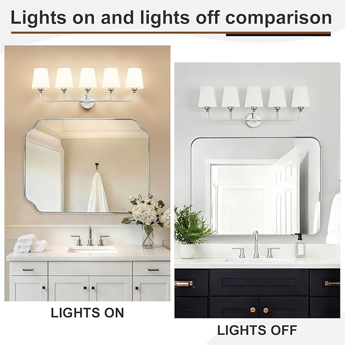 Bathroom Vanity Light, Brushed Nickel Bathroom Light Fixtures, 5-Light Lighting Fixtures Over Mirror, Modern Wall Sconce with Flared White Fabric Shade, E26 Socket(ETL Listed)
