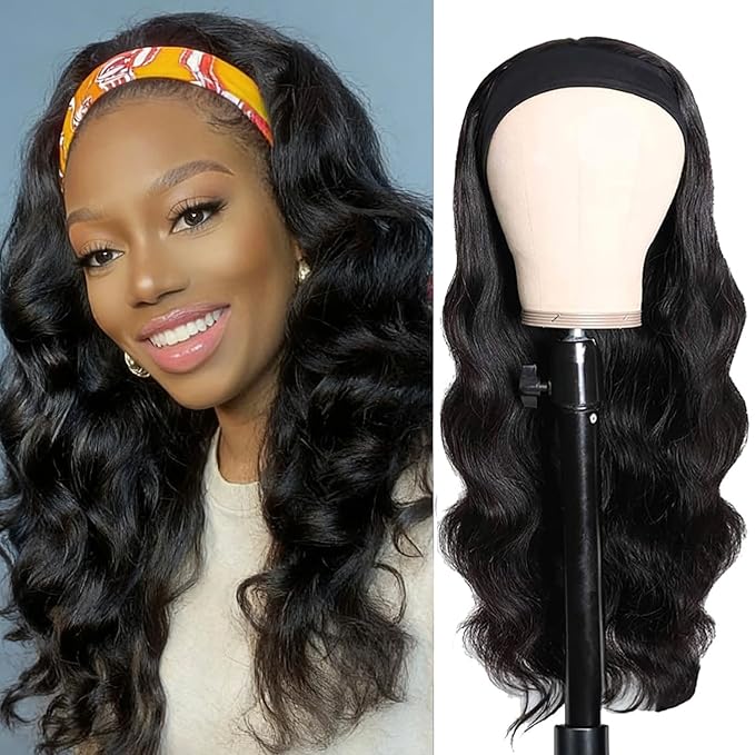 XSY Headband Wig Human Hair Body Wave Headband Wigs for Black Women Brazilian Glueless None Lace Front Wigs Wear and Go Half Wigs 150% Density Natural Color 20 Inch