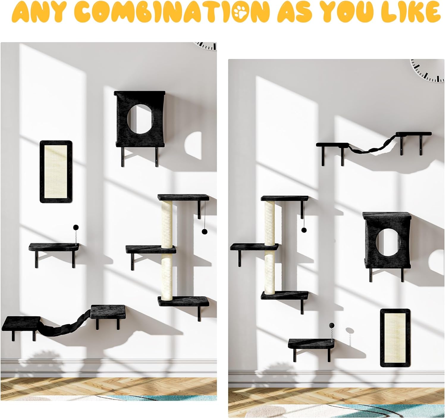 NUNU LAB Cat Wall Shelves, 10-in-1 Wall-Mounted Cat Furniture Set, Large Cat Climber Set with House, Bridge, Steps, Scratcher, DIY Playground, Shelves for Indoor Wall Furniture Set - Black