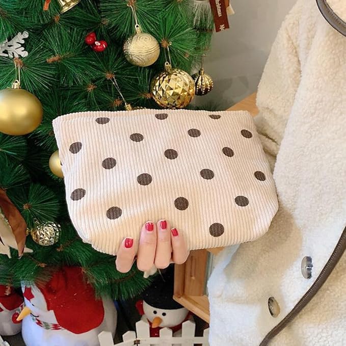 SxoSyo Cosmetic Bags for Women Makeup Bag Large Capacity Purse Travel Toiletries Zipper Storage Pouch Make up Brushes Organizer for Gifts (Corduroy, White dot)