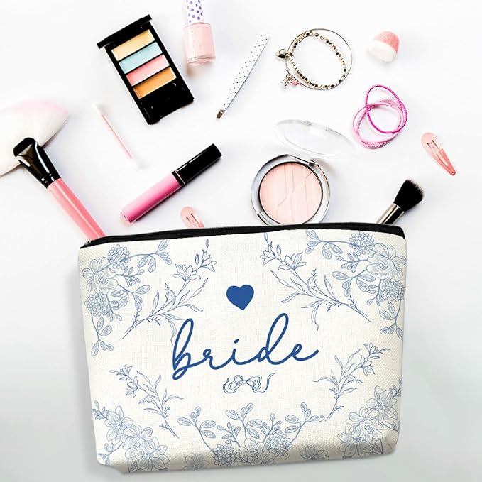 Bride Makeup Bag,Blue Floral Canvas Cosmetic Pouch, Bridal Shower Gift, Bride Gifts for Bridal Shower Wedding Engagement Gifts, Cosmetic Bags Makeup Pouch with Zipper for Wedding Day Essential