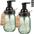 SheeChung 16 Oz Mason Jar Foaming Soap Dispenser, Stainless Steel Lid, BPA Free Pump, Green Glass Foam Hand Soap Dispenser, Refillable Liquid Foam Dispenser Bottle for Bathroom Kitchen-Black, 2 Pack