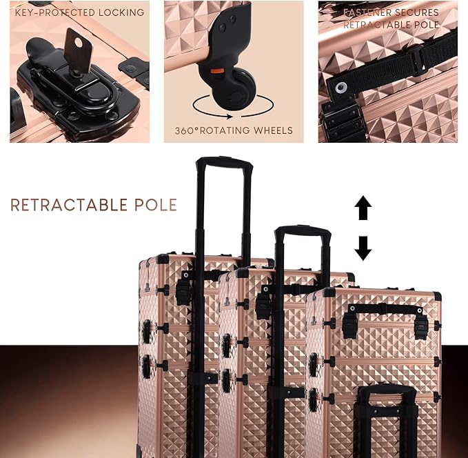 Frenessa Rolling Makeup Train Case 3 in 1 Professional Cosmetic Trolley Large Storage with keys Swivel Wheels Salon Barber Case Traveling Cart Trunk for Make Up Nail Tech - Vintage Rose Gold