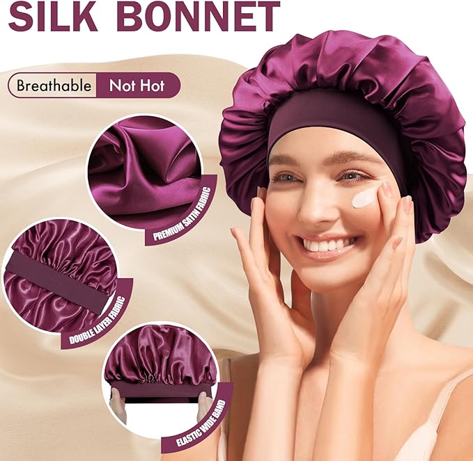 Satin Silk Bonnet for Sleeping, Double Layer Silk Sleep Cap for Men & Women, Soft Satin Lined Bonnet for Curly Hair