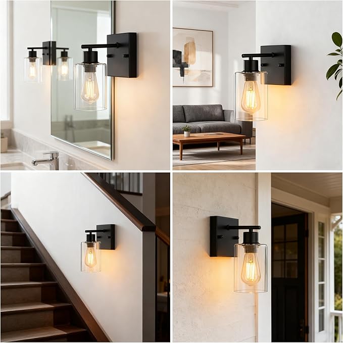 2-Pack Wall Sconces for Bathroom, Matte Black Vanity Lights, Modern Wall Light Fixture with Clear Glass Shade, Farmhouse Wall-Mount Lighting Lanterns, Wall Lamps for Mirror Living Room Bedroom Hallway
