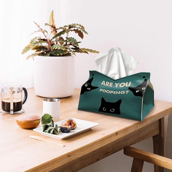 Funny Rectangle Tissue Box Cover for Bathroom, Cute Cat Tissue Box Holder, are You Pooping Funny Bathroom Decor, Vintage Green PU Facial Paper Case Cats Gifts for Cat Mom Women 9.8x5.9x5.9